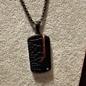 Black and Red Men’s Stainless Steel Pendant Necklace With Gold Accents
